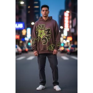Enemy NYC Graphic Hoodie Brown Neon Streetwear Pullover Men’s Used